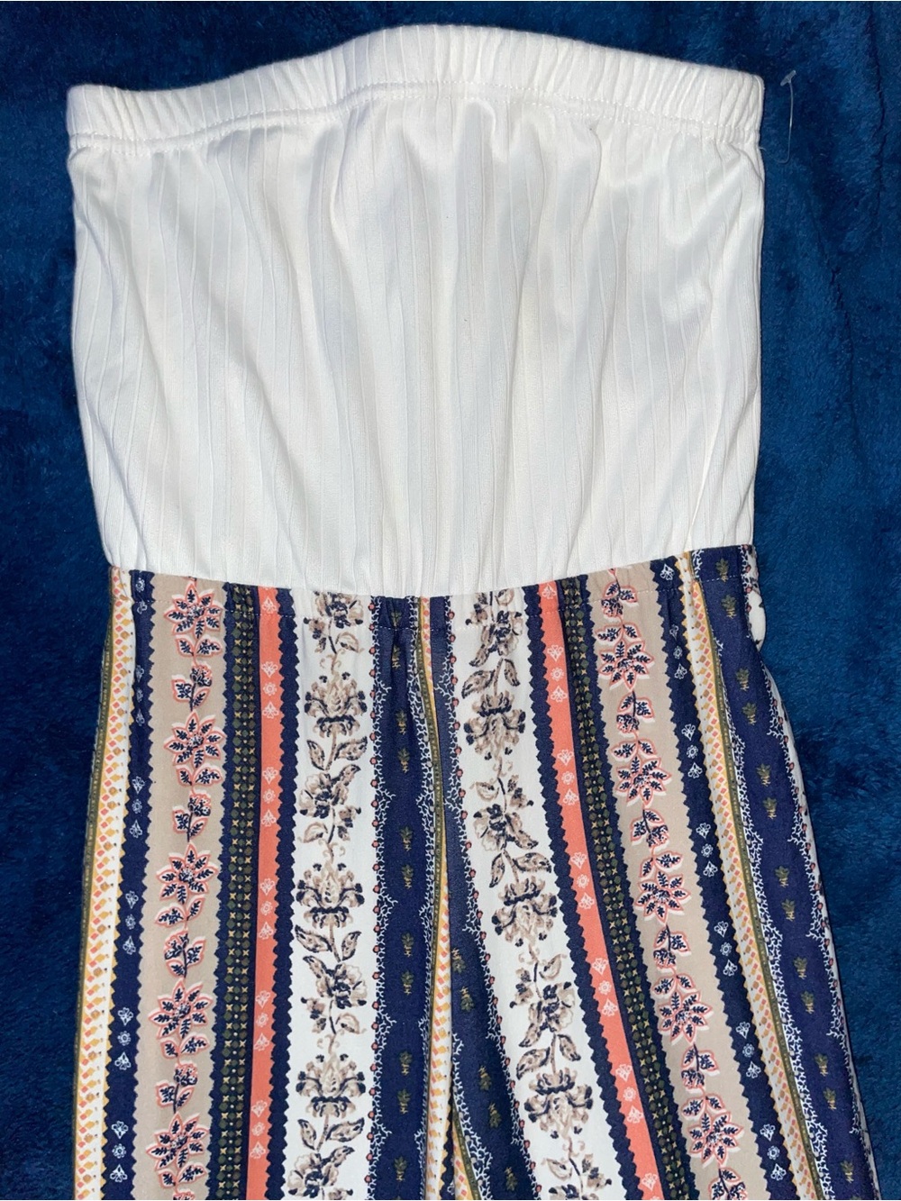 White Strapless Jumpsuit with Navy Blue, Beige, & Peach Patterned Bottom